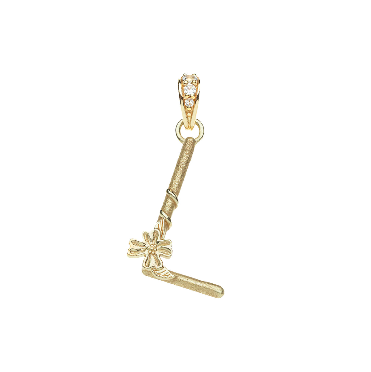 Gold letter L pendant with flower detail and white topaz accents on the bail