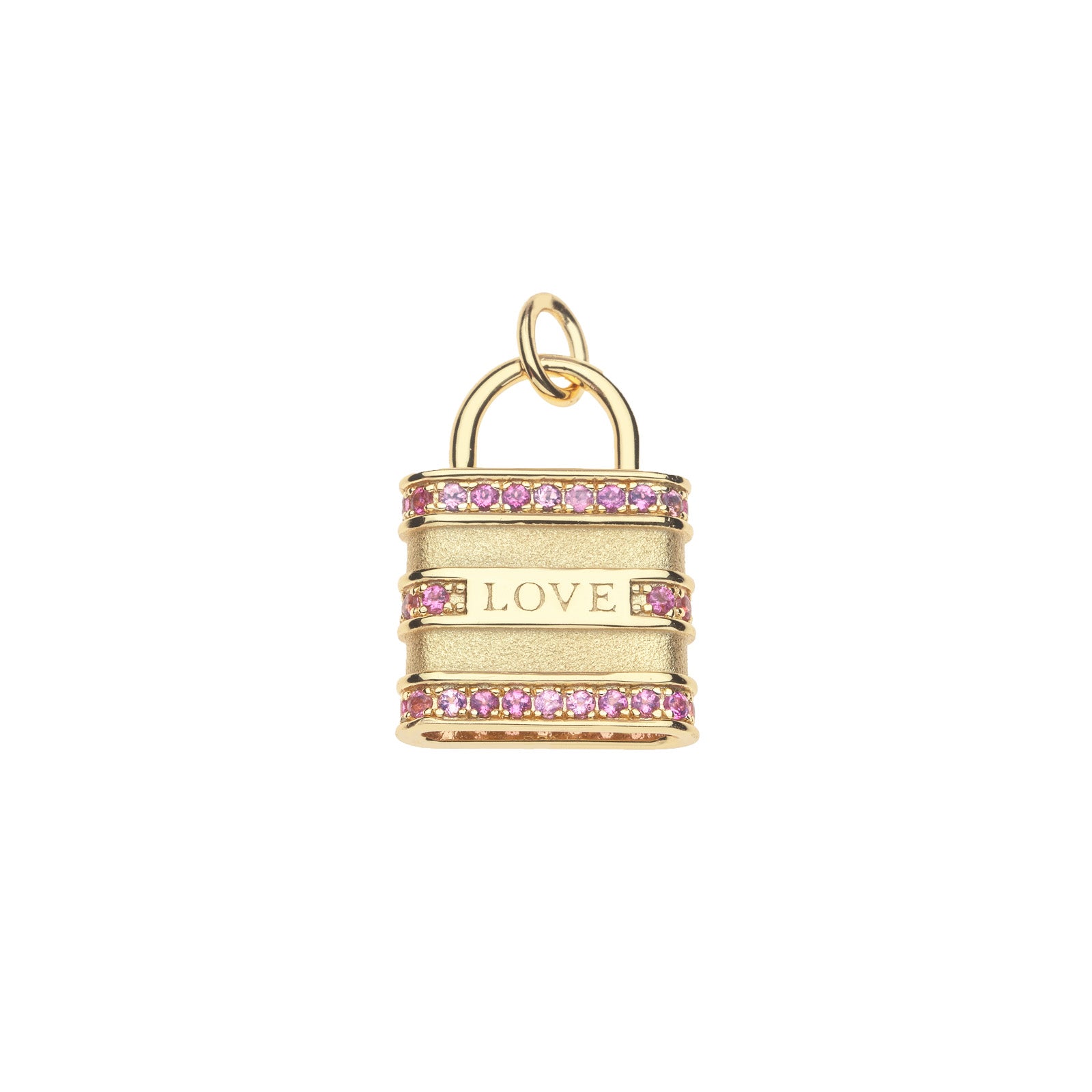 Back of gold lock pendant features the word LOVE as well as pink tourmaline accents