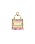 Back of gold lock pendant features the word LOVE as well as pink tourmaline accents