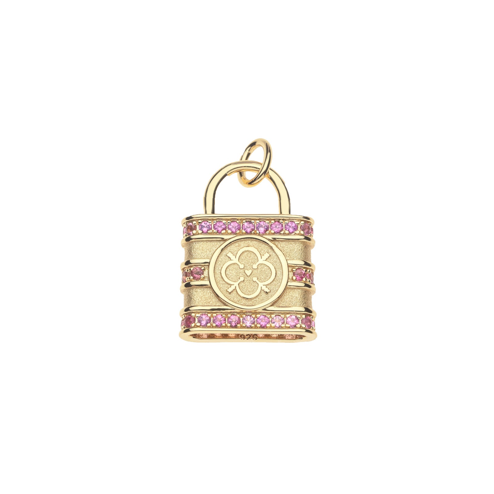 Gold lock pendant features love coin design with quatrefoil, heart, and arrows as well as pink tourmaline accents