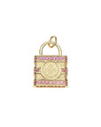 Gold lock pendant features love coin design with quatrefoil, heart, and arrows as well as pink tourmaline accents