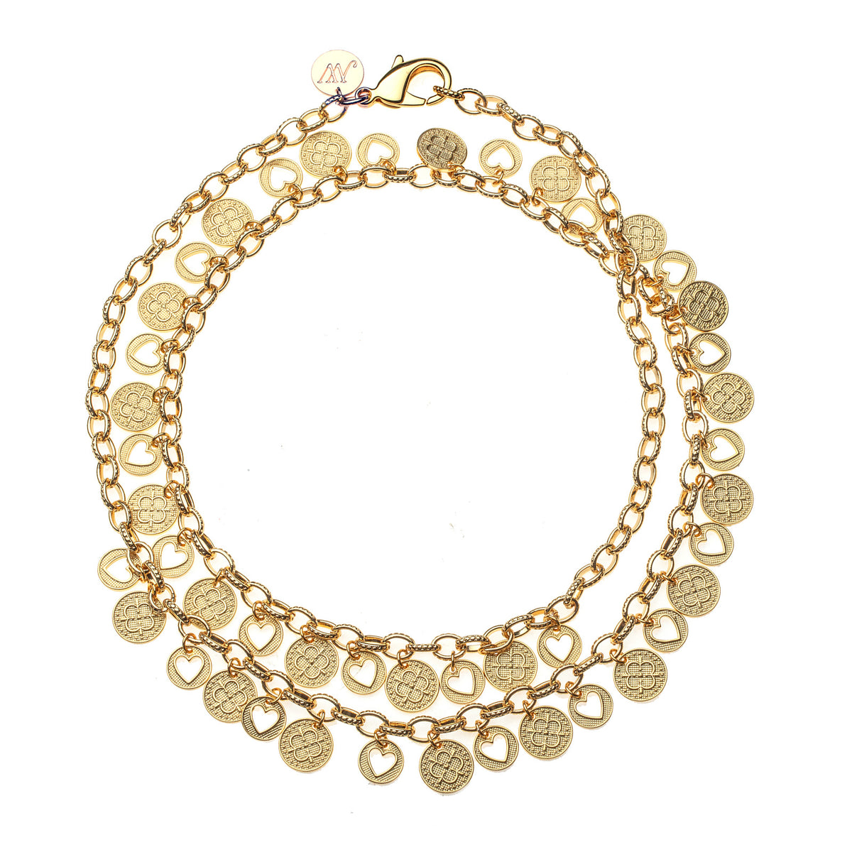 Gold chain necklace with fringe of tiny love coins alternating with heart cutout coins. Shown double wrapped