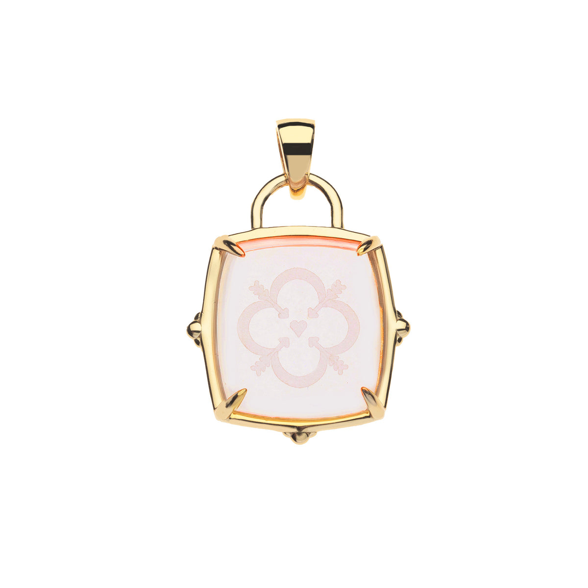 Pendant in gold setting features a square of light pink glass with the love quatrefoil design carved into it