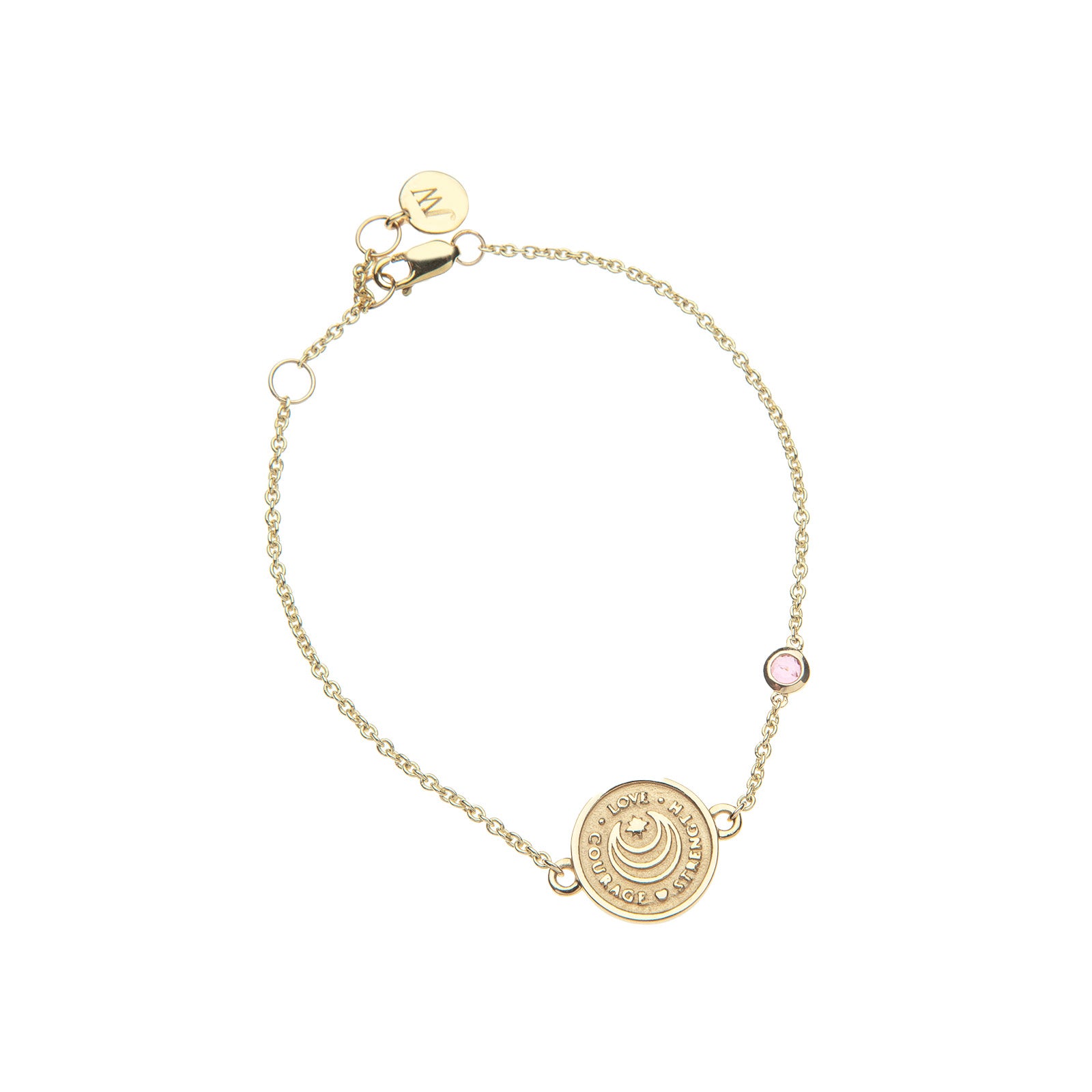 Gold chain bracelet featuring mini coin with moon and star logo and the words LOVE, COURAGE, and STRENGTH with pink tourmaline accent on chain