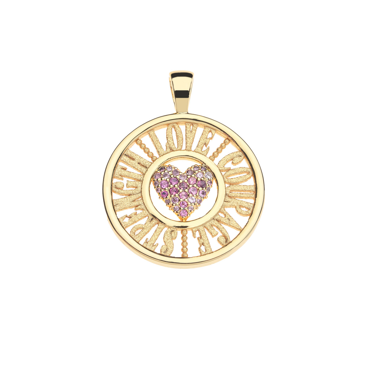 Gold coin pendant features the words LOVE COURAGE STRENGTH cutout along the border and a central heart covered in pink tourmaline stones