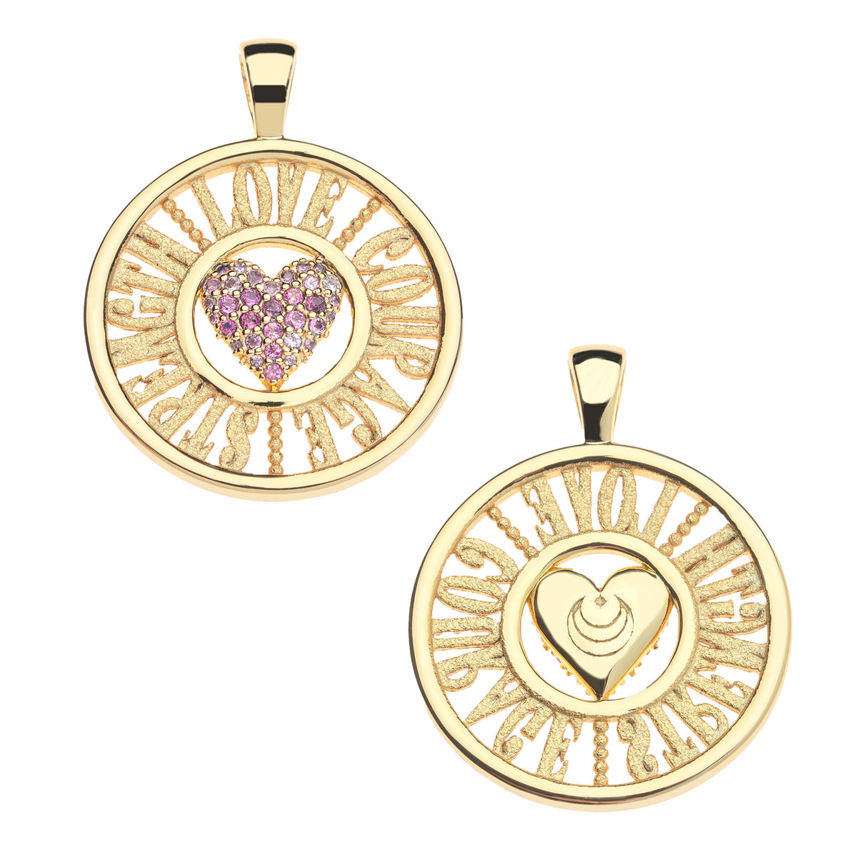 Front and back of the love courage strength cutout coin pendant