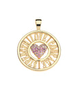 Gold coin pendant features the words LOVE COURAGE STRENGTH cutout along the border and a central heart covered in pink tourmaline stones