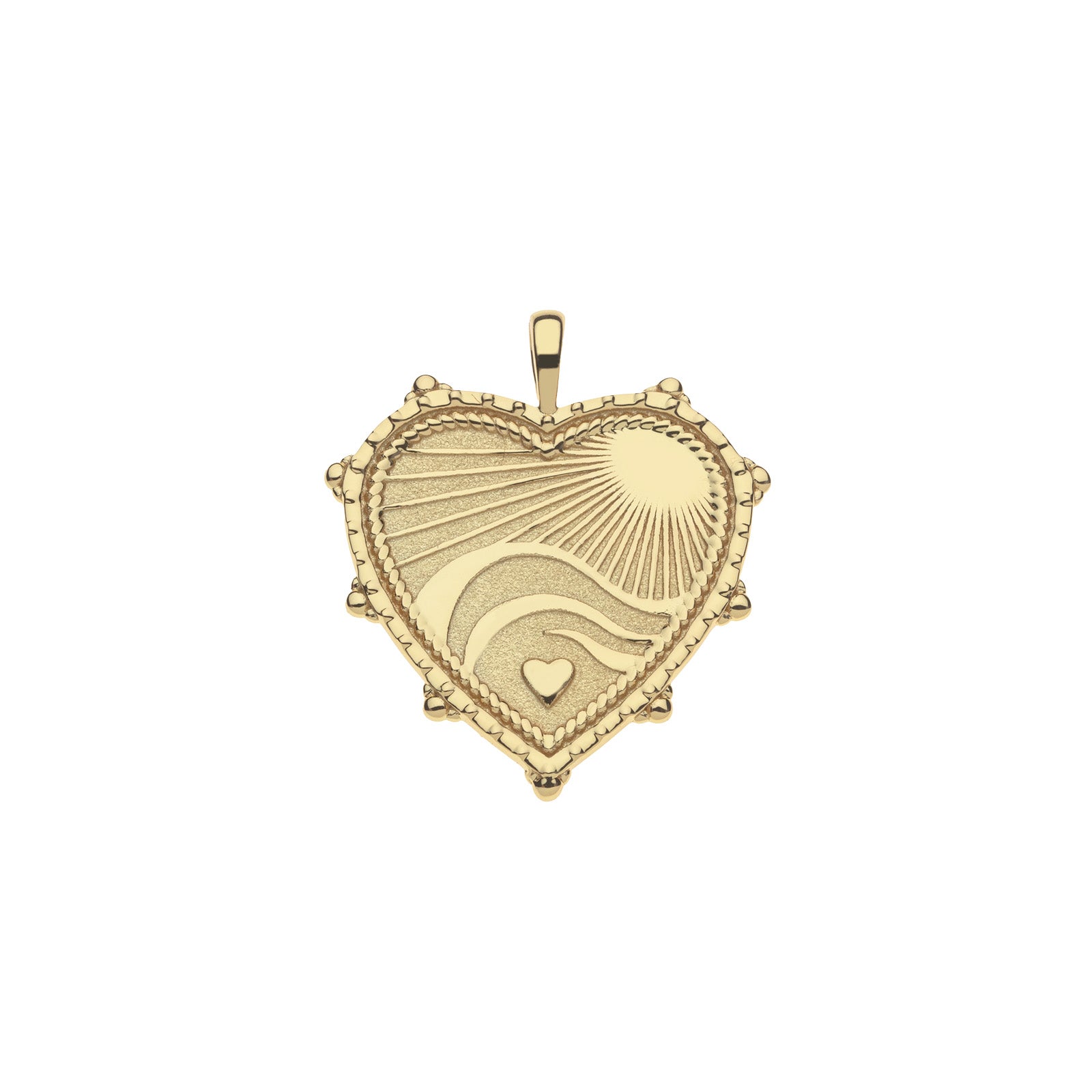 Gold heart pendant with illustration of the rays of the sun, waves, and a heart