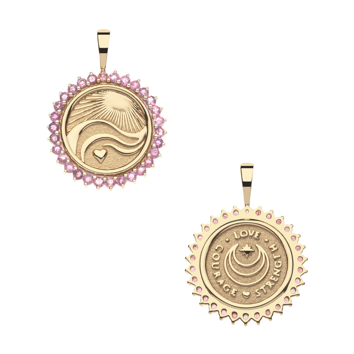 Front and back of the love courage strength petite embellished coin. Back features the Jane Win moon and star logo and the words LOVE COURAGE STRENGTH