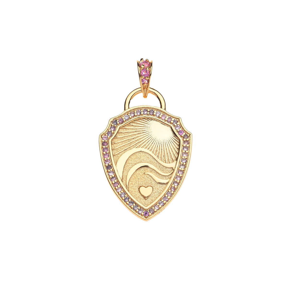 Gold shield pendant features sun, waves, and heart design with border of pink tourmaline and pink tourmaline accents on the bail
