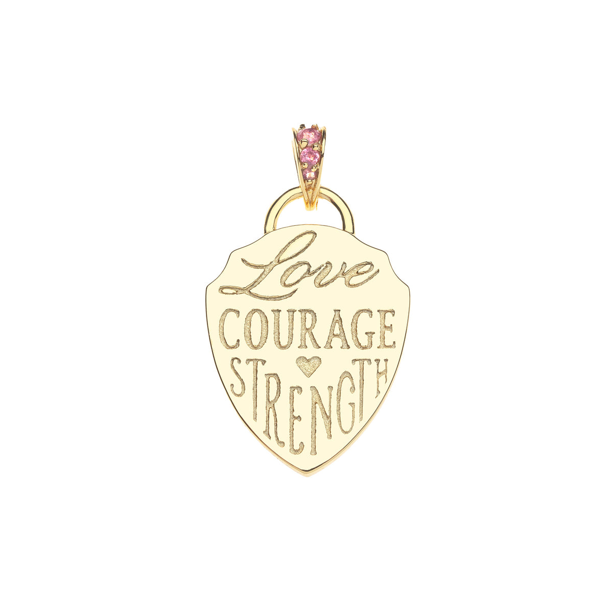 Back of shield pendant features the words LOVE COURAGE STRENGTH