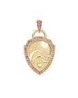 Gold shield pendant features sun, waves, and heart design with border of pink tourmaline and pink tourmaline accents on the bail