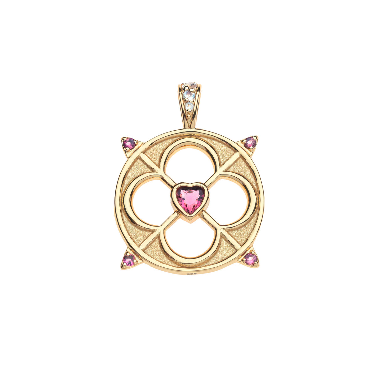 Gold cutout love coin features pink tourmaline heart at the center, 4 pink tourmaline accents around the edge, and rainbow moonstone accents on the bail