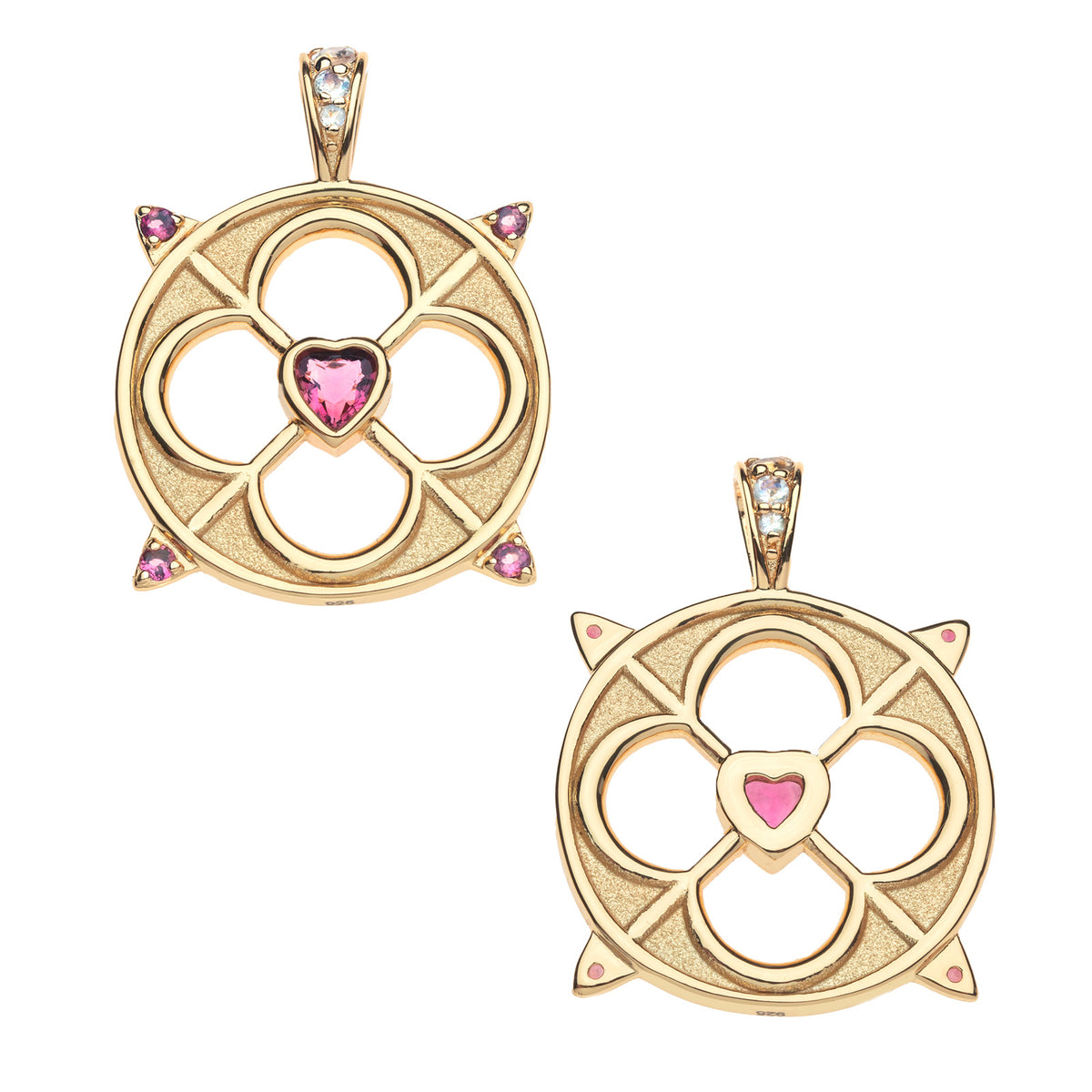 Front and back of the love cutout pendant in pink tourmaline