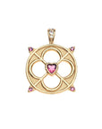 Gold cutout love coin features pink tourmaline heart at the center, 4 pink tourmaline accents around the edge, and rainbow moonstone accents on the bail