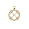Gold love cutout coin pendant features cutout quatrefoil, center heart, and 4 arrows pointing to the heart
