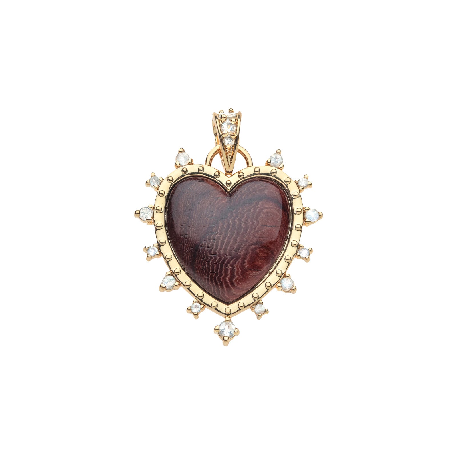 Wood heart pendant in gold setting accented with rainbow moonstone stones on the border and the bail
