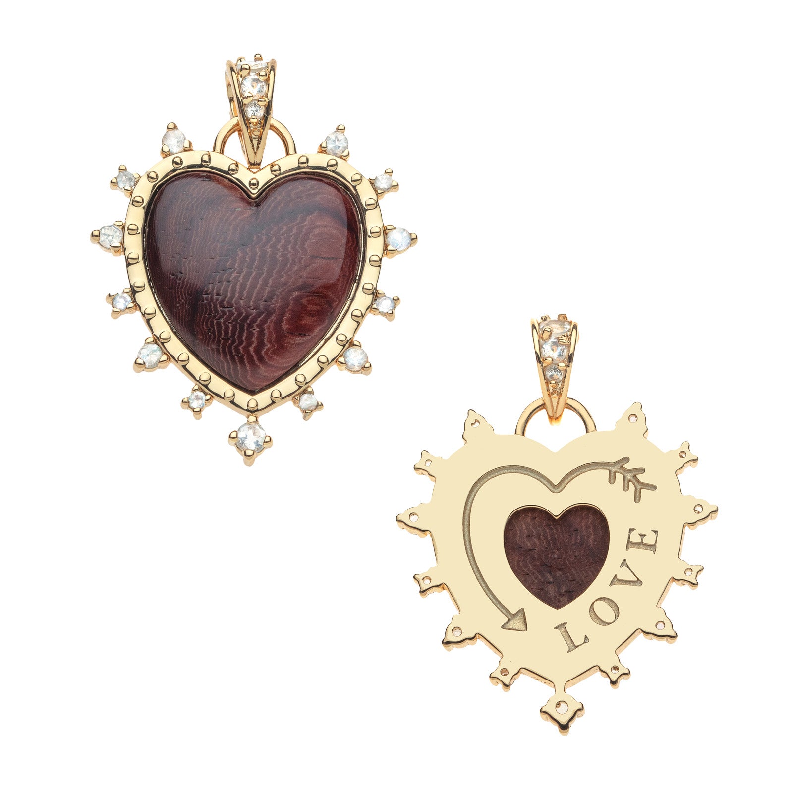 Front and back of love dolce carved heart pendant. Back shows gold setting with arrow detail and the word LOVE.