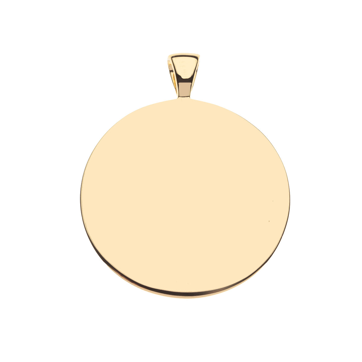 A round, flat gold pendant with a bail at the top, shown on a plain white background.