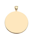 A round, flat gold pendant with a bail at the top, shown on a plain white background.