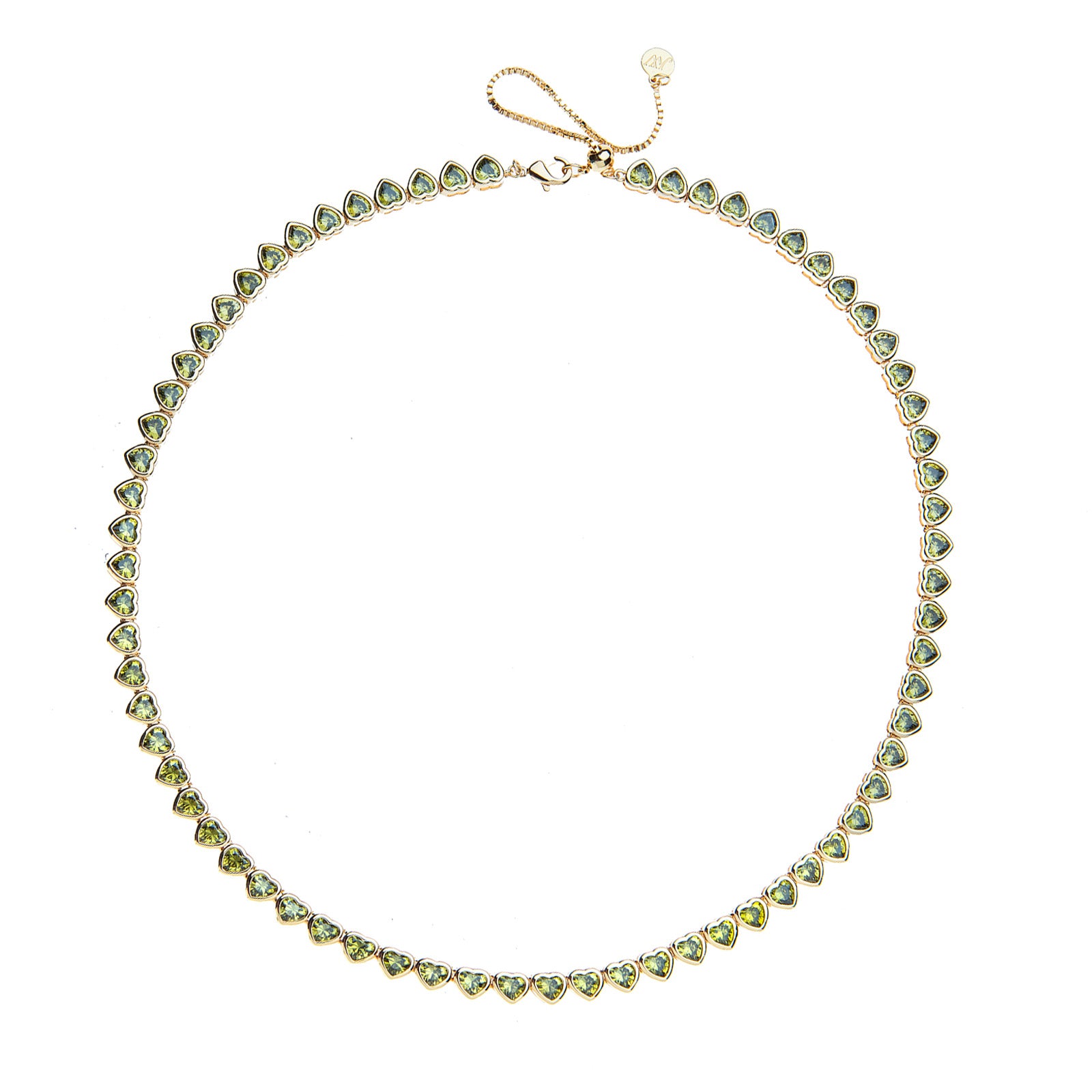 Gold tennis necklace featuring heart shaped olive green CZ stones