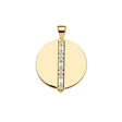Gold coin pendant with line of white topaz stones in varying shapes down the center