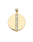 Gold coin pendant with line of white topaz stones in varying shapes down the center