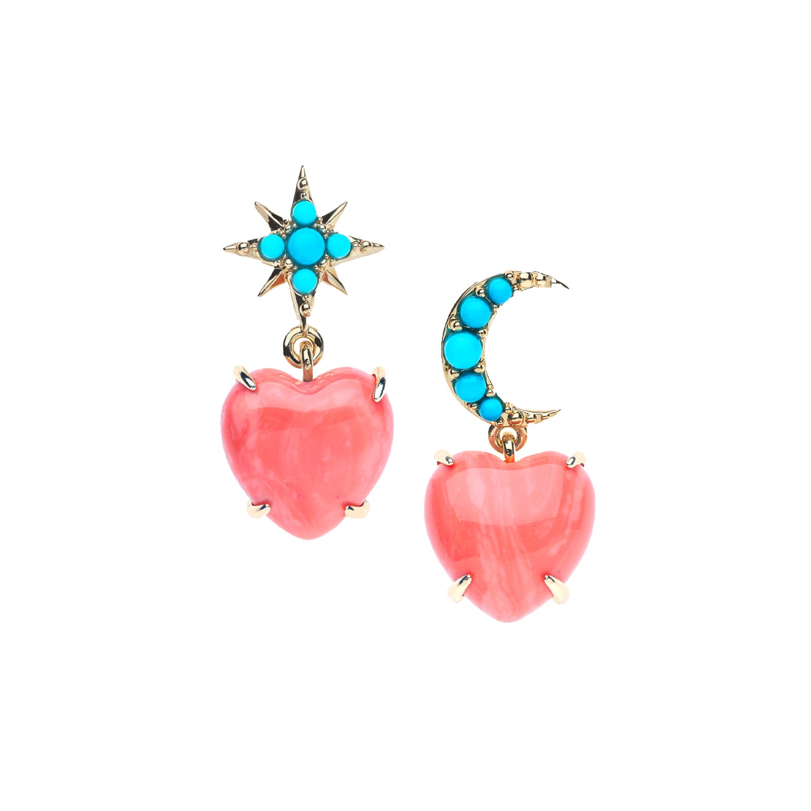 Drop earrings feature mismatched star stud and moon stud with turquoise accents and both earrings have a coral heart drop