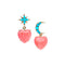 Drop earrings feature mismatched star stud and moon stud with turquoise accents and both earrings have a coral heart drop