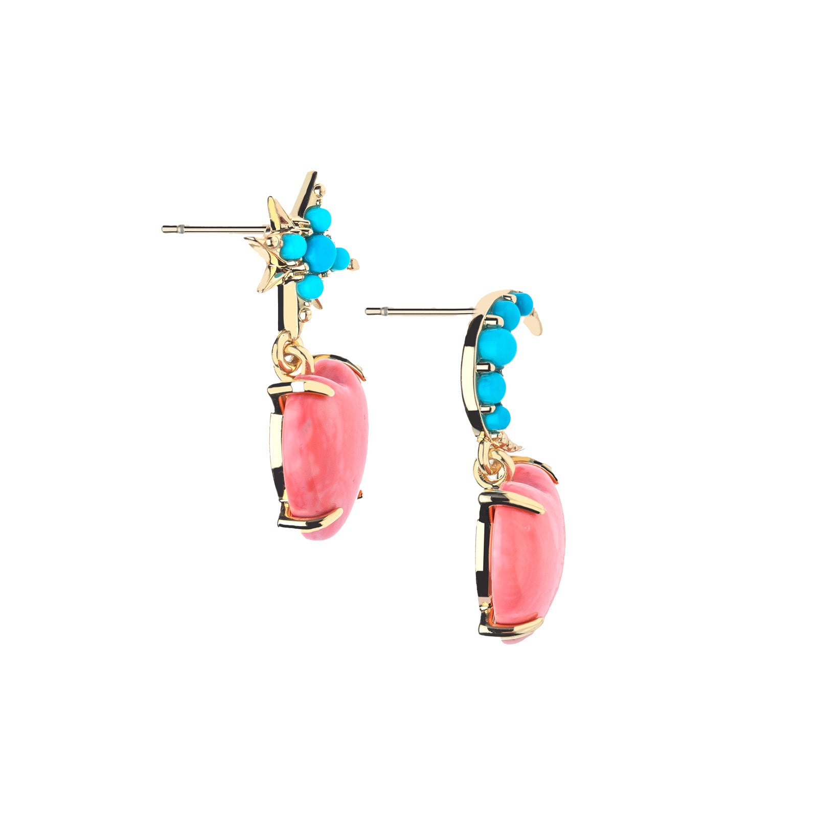 Side view of the love you to the moon and stars drop earrings in coral