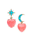 Drop earrings feature mismatched star stud and moon stud with turquoise accents and both earrings have a coral heart drop