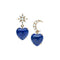 Drop earrings feature mismatched star and moon stud with mother of pearl accents and then lapis heart drops on both