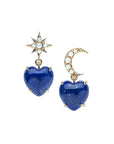 Drop earrings feature mismatched star and moon stud with mother of pearl accents and then lapis heart drops on both