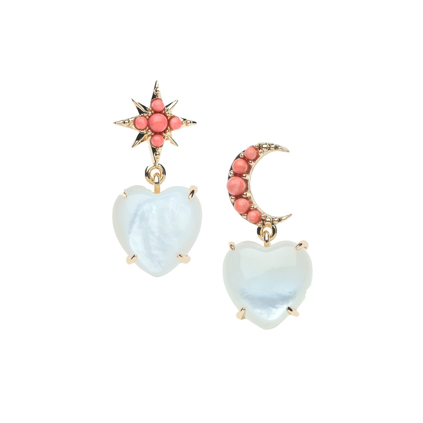 Drop earrings feature mismatched star stud and moon stud with coral accents, and both earrings have a mother of pearl heart drop