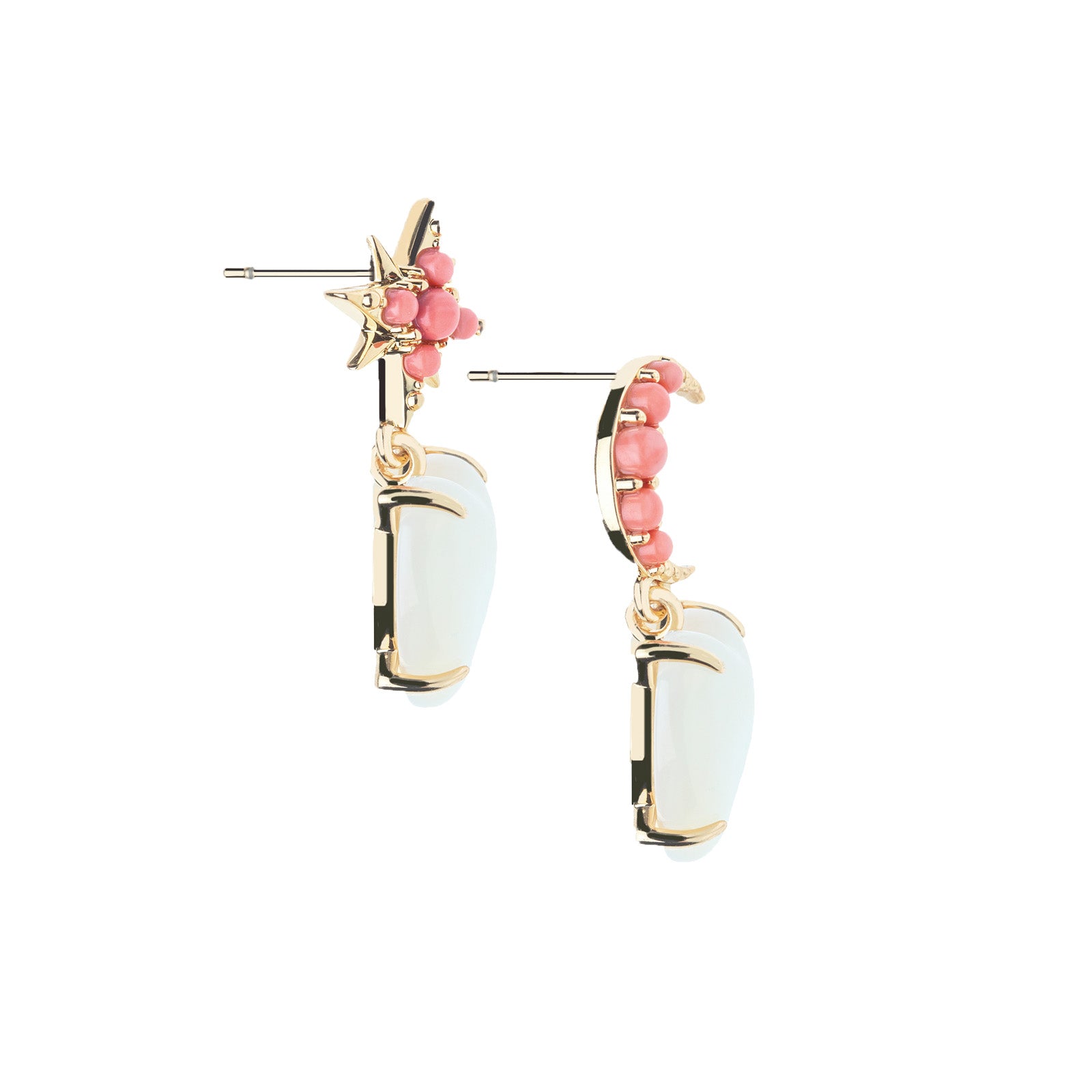Side view of the love you to the moon and stars earrings in mother of pearl