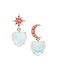 Drop earrings feature mismatched star stud and moon stud with coral accents, and both earrings have a mother of pearl heart drop