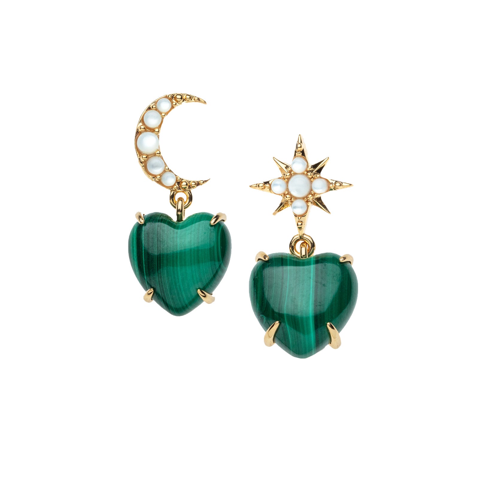 Drop earrings feature malachite heart drop and mismatched star and crescent moon studs with mother of pearl cabochon details