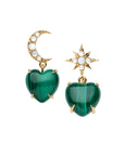 Drop earrings feature malachite heart drop and mismatched star and crescent moon studs with mother of pearl cabochon details