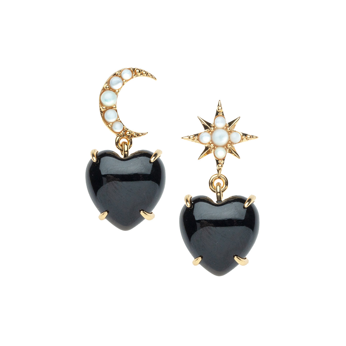 Drop earrings feature onyx heart drop and mismatched star and crescent moon studs with mother of pearl cabochon details