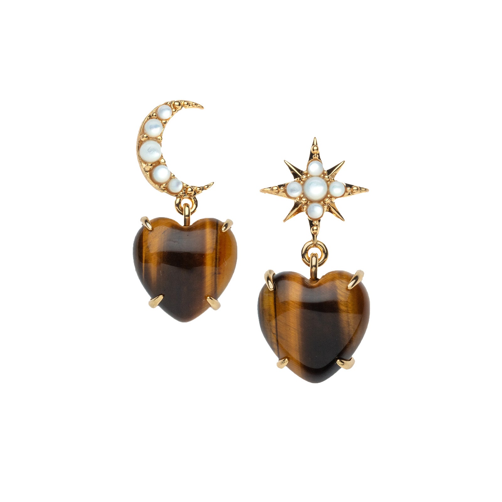 Drop earrings feature tiger's eye heart drop and mismatched star and crescent moon studs with mother of pearl cabochon details