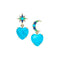 Drop earrings feature mismatched star stud and moon stud with turquoise, lapis, and green tourmaline accents and both earrings have a turquoise heart drop
