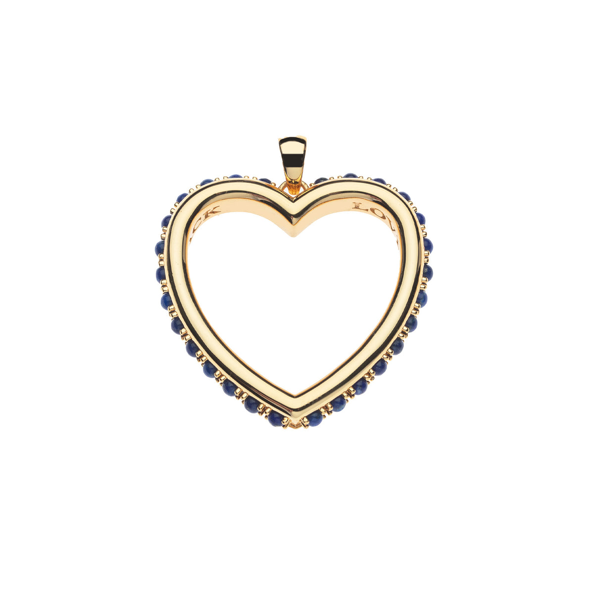 Gold open heart pendant featuring lapis cabochons on the outer edge