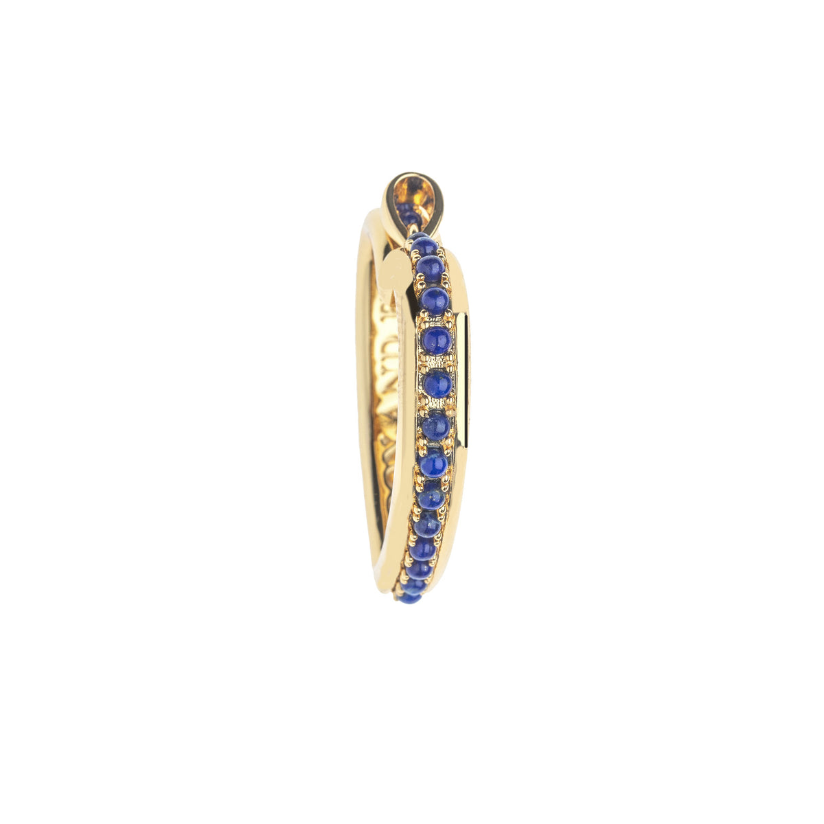 Side view of the love you to the moon and back heart shows the lapis cabochons along the edge