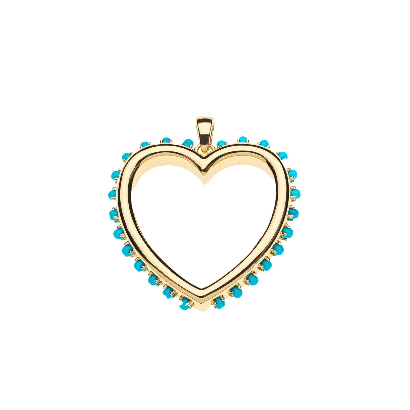 Gold open heart pendant features turquoise cabochon stones along the outer edge
