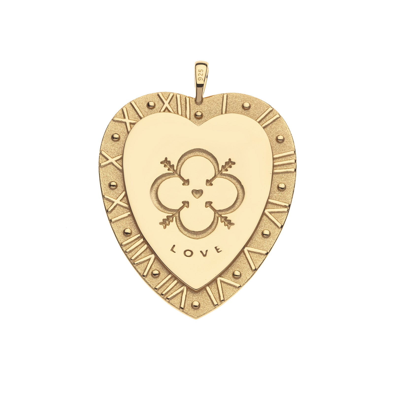 Shiny gold heart-shaped pendant with heart and arrow design, the word "love", Roman Numbers and dots around the outer edge.