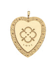 Shiny gold heart-shaped pendant with heart and arrow design, the word "love", Roman Numbers and dots around the outer edge.