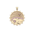 Gold coin pendant with illustration of the rays of the sun, waves, and a pink tourmaline heart with other pink tourmaline accents