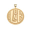 Gold coin pendant with the word love featuring arrow and heart detail