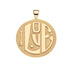 Gold coin pendant with the word love featuring arrow and heart detail