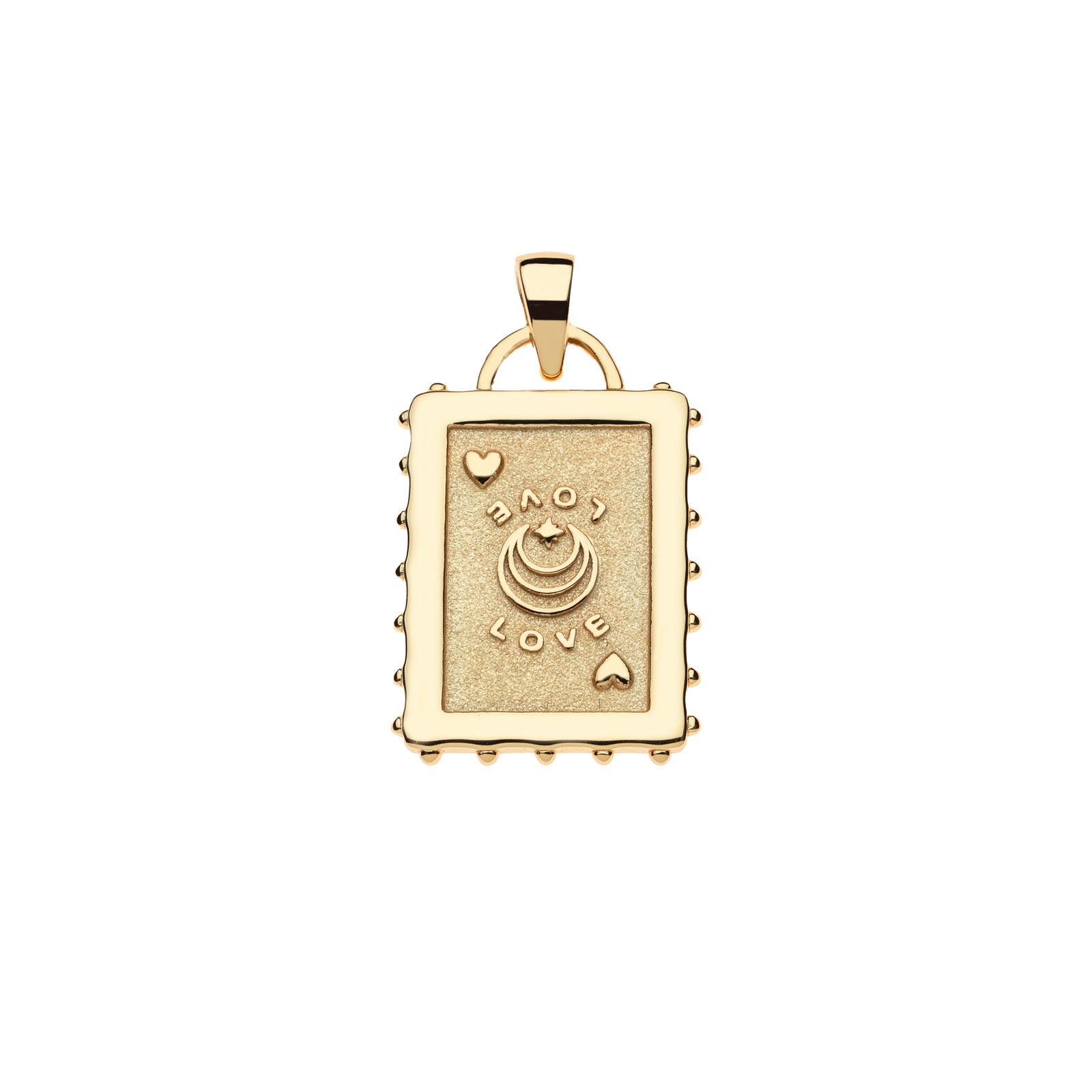 Back of gold playing card pendant features hearts suit, moon and star logo and the word LOVE